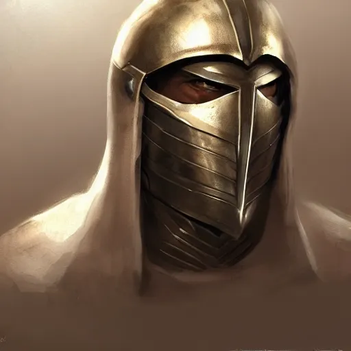 Image similar to man in crusader armor, helmet and white cape drawn by greg rutkowski realistic high detail