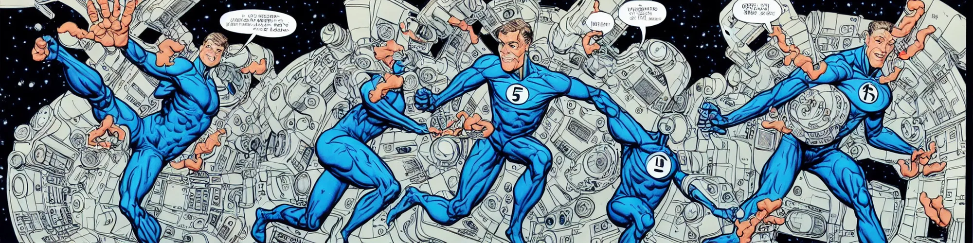 Image similar to mr. fantastic from the fantastic four showing off his weird limbs illustrated by james jean with very long hands and arms and fingers and legs and feet twirling and twisting around in a very high tech lab in space