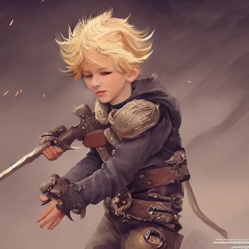 Image similar to Young blonde boy fantasy thief, realistic, ultra detailed, menacing, powerful, dark, shallow focus, forest, mountains in the background concept art design as if designed by Wētā Workshop