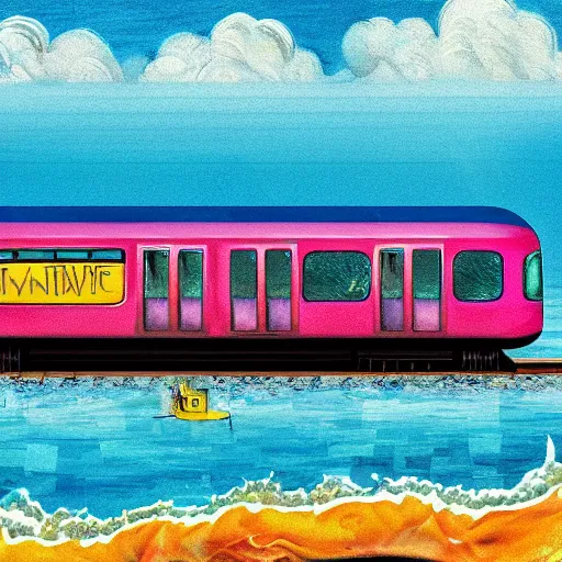 Prompt: a subway train falling into the sea, colorful, high detail, shining sun