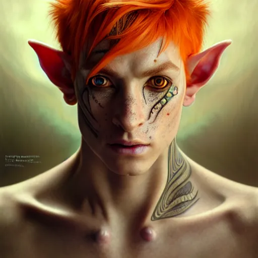 Image similar to portrait painting of an elven eladrin young man with short light orange hair and freckles and tribal tattoos on his cheekbones, ultra realistic, concept art, intricate details, eerie, highly detailed, photorealistic, octane render, 8 k, unreal engine. art by artgerm and greg rutkowski and charlie bowater and magali villeneuve and alphonse mucha