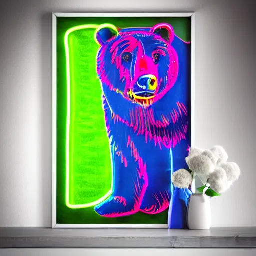 Prompt: neon art mural with portrait and a bear