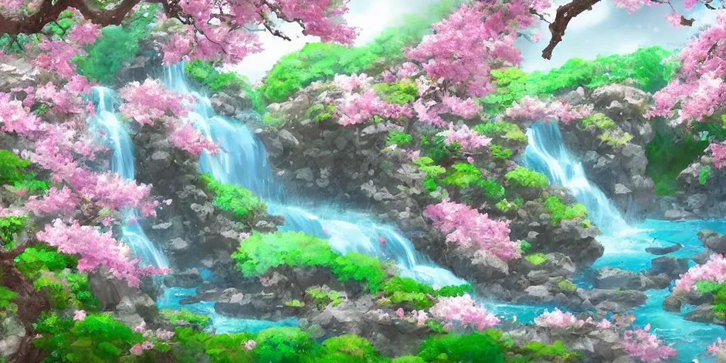 Image similar to a beautiful sakura garden waterfall, ethereal, aesthetic, in the style of studio ghibli and toei, trending on artstationhq