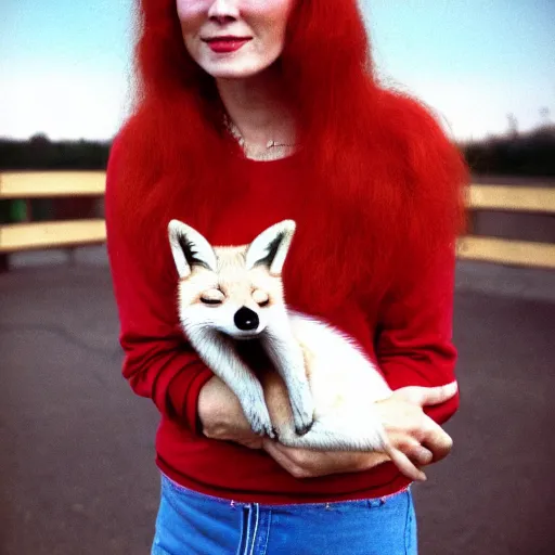 Image similar to portrait of a red haired woman, in 7 0 s clothes, holding a fox over her head while roller skating