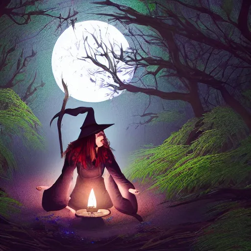 Prompt: an image of a witch performing a spell in a forest glade during the full moon, ambient lighting, concept art