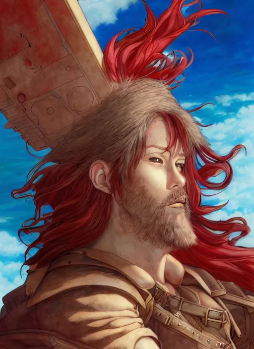 Image similar to prompt : ragnarok online portrait soft light painted by james jean and katsuhiro otomo and erik jones, inspired by akira anime, epic fantasy, a long red haired, red bearded male sky - pirate standing in front of an airship, intricate oil painting, high detail illustration, sharp high detail, manga and anime 1 9 9 9