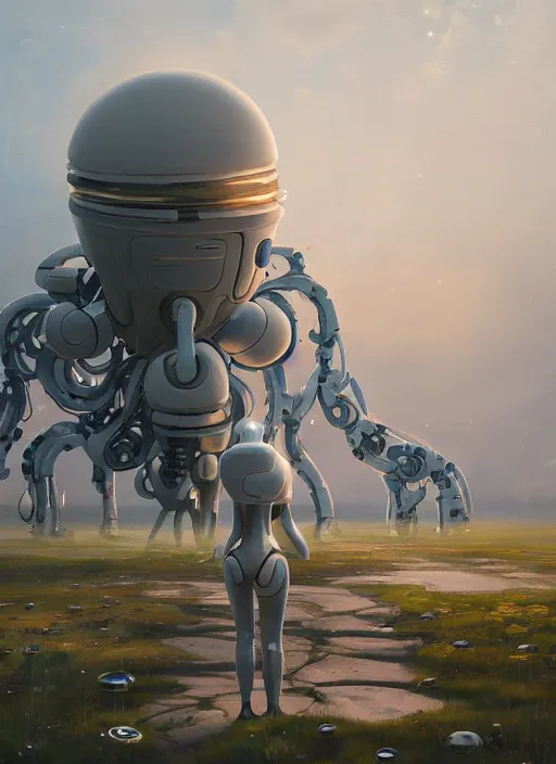 Prompt: an intricate oil painting of a giant pristine white humanoid curvy feminine figure bubble mech with rounded components by simon stalenhag, inspired by nier : automata, clean white lab background