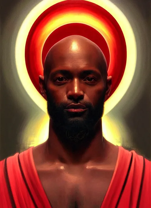 Prompt: symmetry!! portrait of a dark skinned, bald, terrence boyd as a jesus christ in a red kimono with an halo, face close - up, intricate, elegant, highly detailed, digital painting, artstation, concept art, smooth, sharp focus, illustration, art by artgerm and greg rutkowski and alphonse mucha