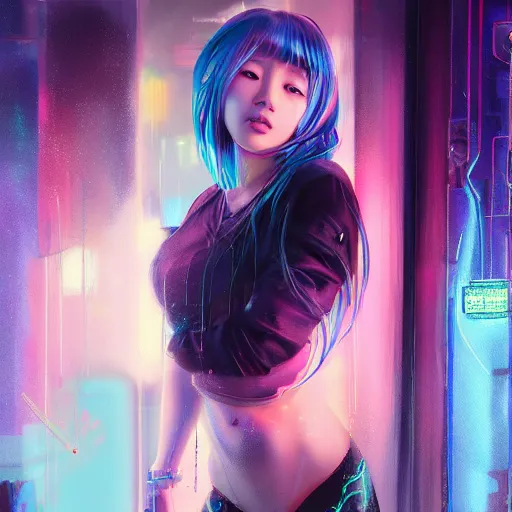 Image similar to a photo portrait of kim sung hee in the rain with blue hair, cute - fine - face, pretty face, cyberpunk art by sim sa - jeong, cgsociety, synchromism, detailed painting, glowing neon, digital illustration, perfect face, extremely fine details, realistic shaded lighting, dynamic colorful background