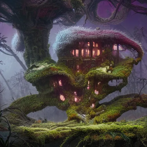 Image similar to beautiful organic macro photography of moss with alien fungus house made of imaginary plants in a swamp, architectural render, vegetal architecture, junglepunk, hyper detailed, warm volumetric lights, made by Gerald Brom and Mike Winkelmann.