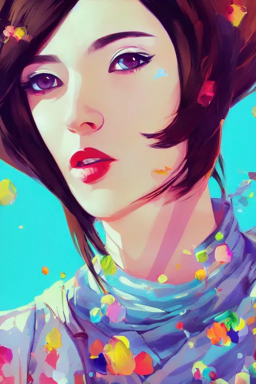 Image similar to A ultradetailed beautiful panting of a stylish woman looking at the camera, she has colorful stickers on her face, bright sunny day, Oil painting, by Ilya Kuvshinov, Greg Rutkowski and Makoto Shinkai