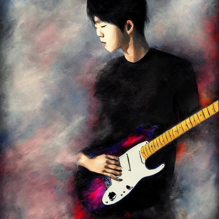 Prompt: a young korean male musician wearing black tank top holding a telecaster!!! electric guitar!! he is made of thick flowing dramatic brush strokes blowing away in strong wind, matte colors, abstract, impressionist, motion, trending on artstation