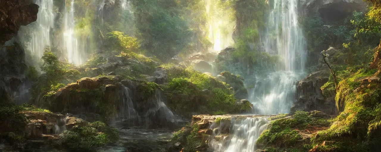 Prompt: secret waterfall in forrest, beautiful dynamic lighting, cinematic, wide angle establishing shot, extremely high detail, photo realistic, cinematic lighting, post processed, concept art, artstation, matte painting, style by frederic church, raphael lacoste, unreal engine 8 k