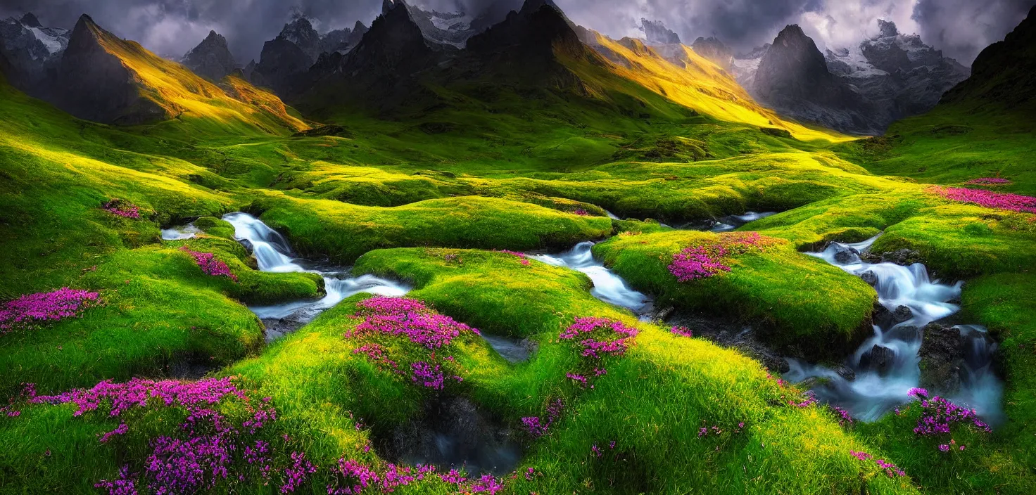 Image similar to amazing landscape photo of switzerland green spring with flowers by marc adamus, beautiful dramatic lighting