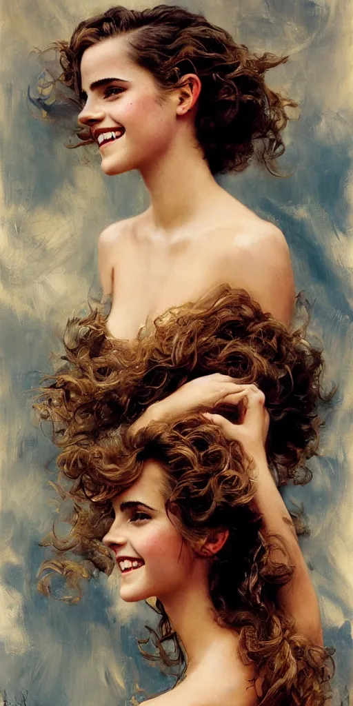 Image similar to emma watson smiling smiling smiling detailed portrait curly updo wet hair painting by gaston bussiere craig mullins j. c. leyendecker photograph by richard avedon peter lindbergh annie leibovitz