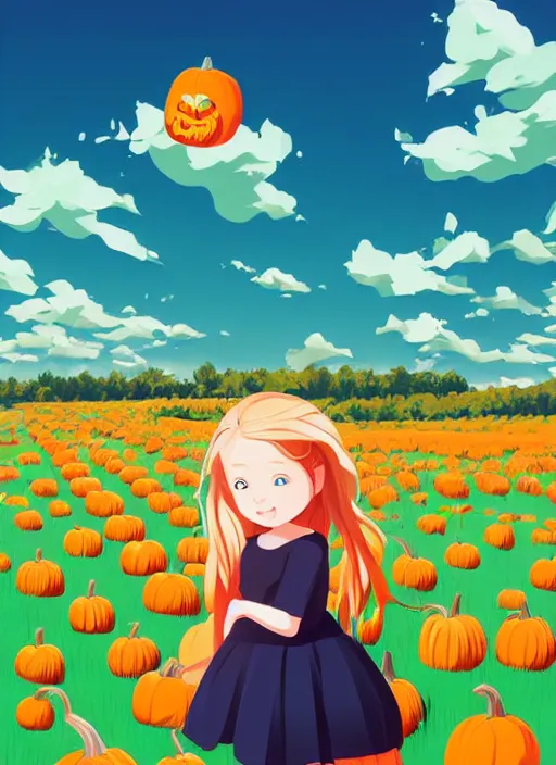 Image similar to little girl with long blonde hair visiting a pumpkin patch. clean cel shaded vector art. shutterstock. behance hd by lois van baarle, artgerm, helen huang, by makoto shinkai and ilya kuvshinov, rossdraws, illustration, art by ilya kuvshinov