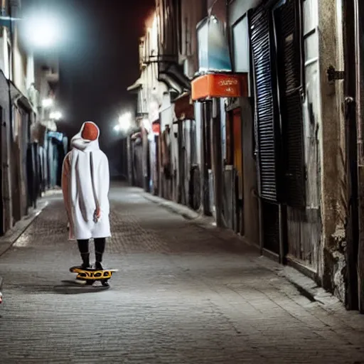 Image similar to guy with white hoodie and skateboard stands looking doen in an emoty street at night. cars parked. long street. very noisy. noise. noise effect.