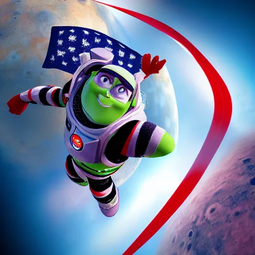 Prompt: a photorealistic photograph of a knitted Buzz Lightyear themed Captain America flying through outer space, Mars in distance, featuring shield - Trending on Artstation, featured on Behance, well-rendered, Unreal Engine, 4K HD