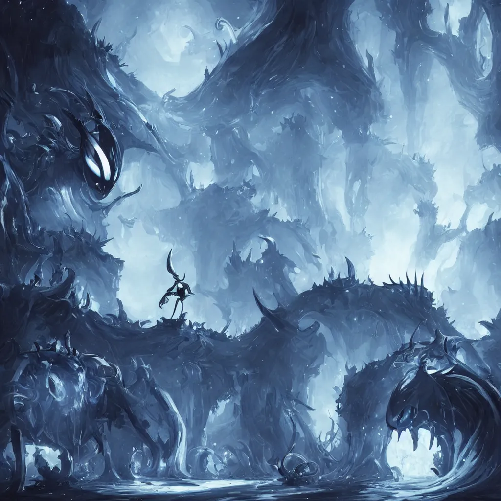 Image similar to concept art for hollow knight. Ominous. High detail. No text. Blue. Bright Colors. nightmare king grimm. Sharp. 4K 8K. Detailed shapes.