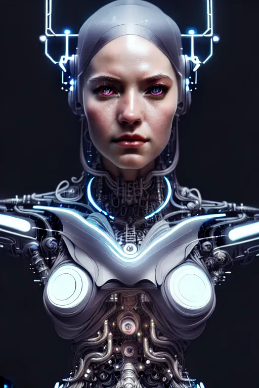 Image similar to portrait of ultra realistic, beautiful cyborg woman, metahuman, sci-fi, fantasy, cyberpunk, intricate, elegant, highly detailed, digital painting, octane render, artstation, concept art, smooth, sharp focus, eerie, illustration, 8k, HD, art by artgerm and giger and alphonse mucha