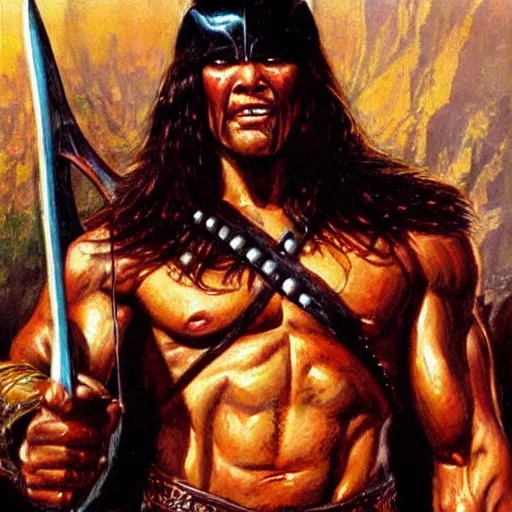 Prompt: full - shot conan the barbarian painting by earl norem “ no crop ”