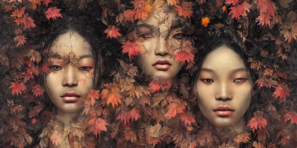 Image similar to breathtaking detailed concept art painting pattern of black faces goddesses amalgamation autumn leaves with anxious piercing eyes and blend of flowers and birds, by hsiao - ron cheng and john james audubon, bizarre compositions, exquisite detail, extremely moody lighting, 8 k