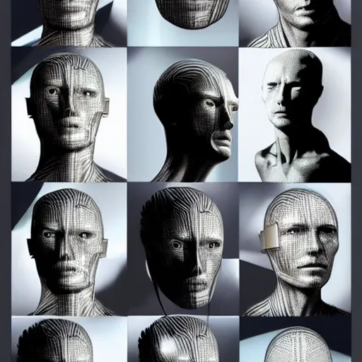 Image similar to concept art, collages, hyper realistic, many variations of very old thom yorke, face variations, statue of ultron by jama jurabaev, very long shot, cybernetic, high quality, brush stroke, for aaa game