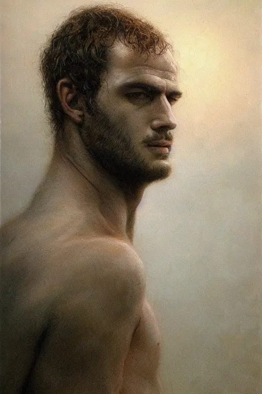 Prompt: herry cavill, attractive male, painting by zdzislaw beksinski