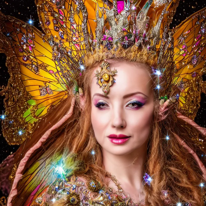 Image similar to full length photo of a very beautiful!! fairy queen with ornate sparkling robes, highly detailed, 4 k, hdr, smooth, sharp focus, high resolution, award - winning photo