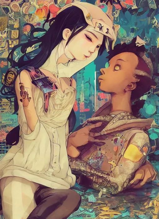 Image similar to beautiful fantasy painting of a Hiphop Lofi anime queen and corgi chilling to Lofi music, by Kenne Gregoire, James Jean, Tran Nguyen, WLOP, Jakub Rebelka. trending on Artstation, 8k, masterpiece, face enhance, graffiti paint, fine detail, full of color, intricate detail, golden ratio illustration