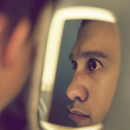 Image similar to a young man looks at an old reflection of himself