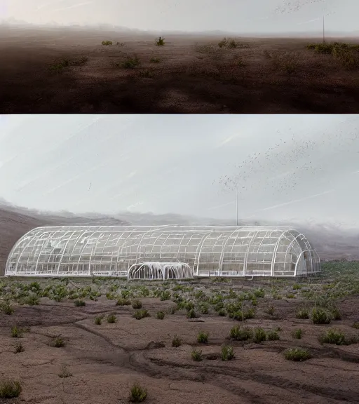 Prompt: a matte painting of a white 3 stepped biroremediation architecture, greenhouse in the mining tailings in the desert, prairie, cottage town, foggy, patchy flowers, oil painting, pale colors, high detail, 8 k, wide angle, trending on artstation, behance