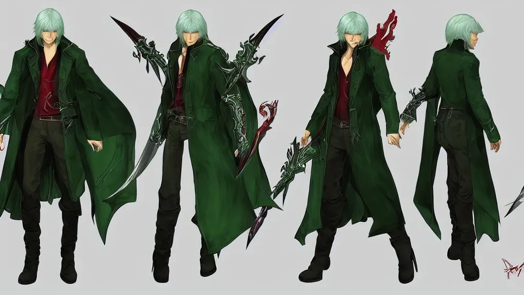 Image similar to devil may cry long haired green coat son of sparda character design sheet, trending on artstation