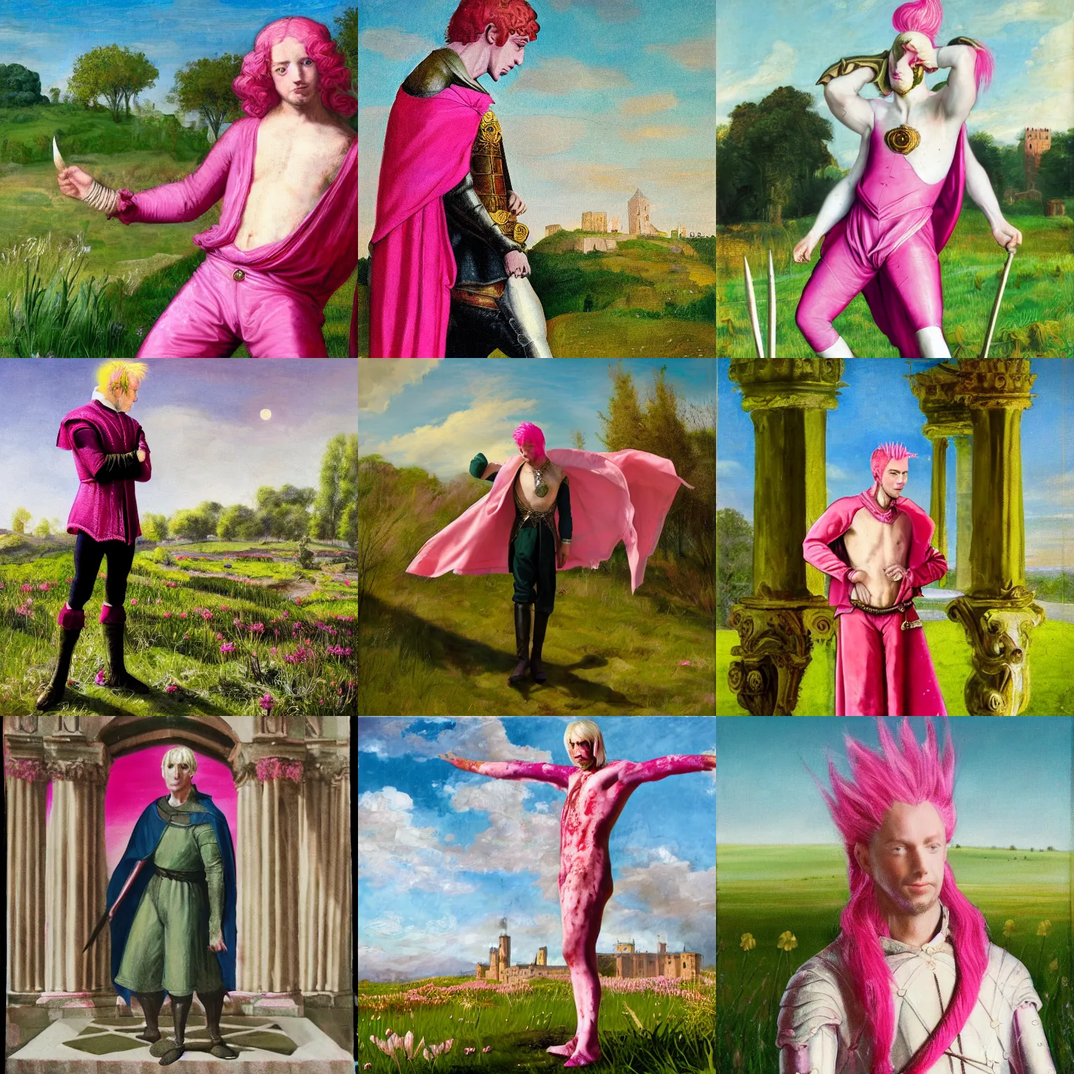 Prompt: medieval noble male in noble clothes with pink hair and pink bang full body view, dramatic pose, blood on his face, photorealistic oil painting, sun in the sky, bloom, green grassy land and white marble columns in the background