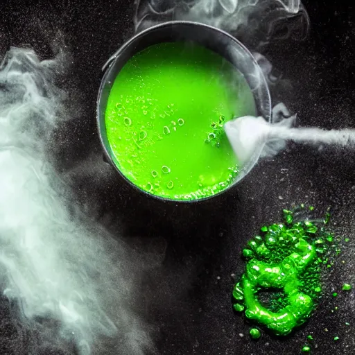 Image similar to brewing violent bubbling green fluid soup, green steam rising from soup