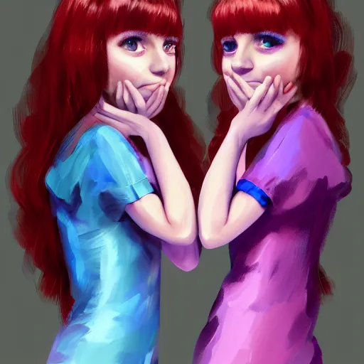 Image similar to twins wearing a purple and blue dress, full body shot, red hair, highly detailed, digital painting, artstation, concept art, smooth, sharp focus, illustration