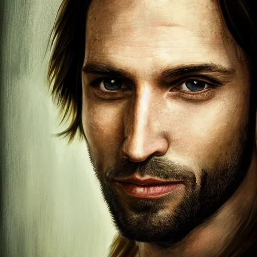 Image similar to portrait of a handsome man of 3 9 years old, green eyes, light brown, good looking, wide round nose, mid long hair by david rutkowski, by artgem