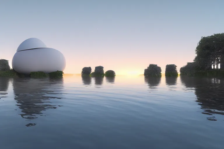 Prompt: 2 0 white round egg shaped buildings intersect and depend on each other to form a post - modern building, by pierre bernard, on the calm lake, people's perspective, future, interior wood, dusk, unreal engine highly rendered, global illumination, radial light, internal environment
