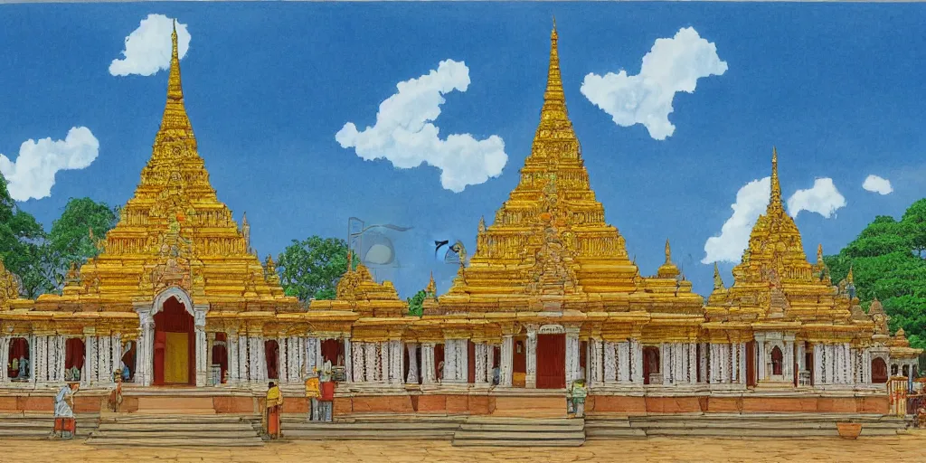 Image similar to jaffna kovil in sri lanka, drawn by hayao miyazaki