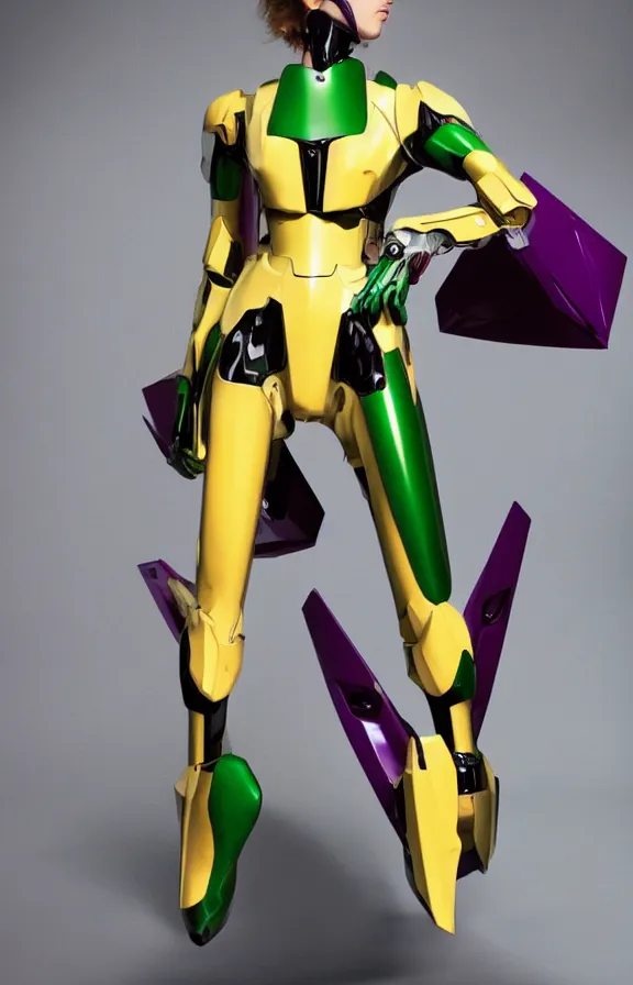 Prompt: young sexy scarlett johansson as purple green gold evangelion mech, gundam, high - end fashion photoshoot