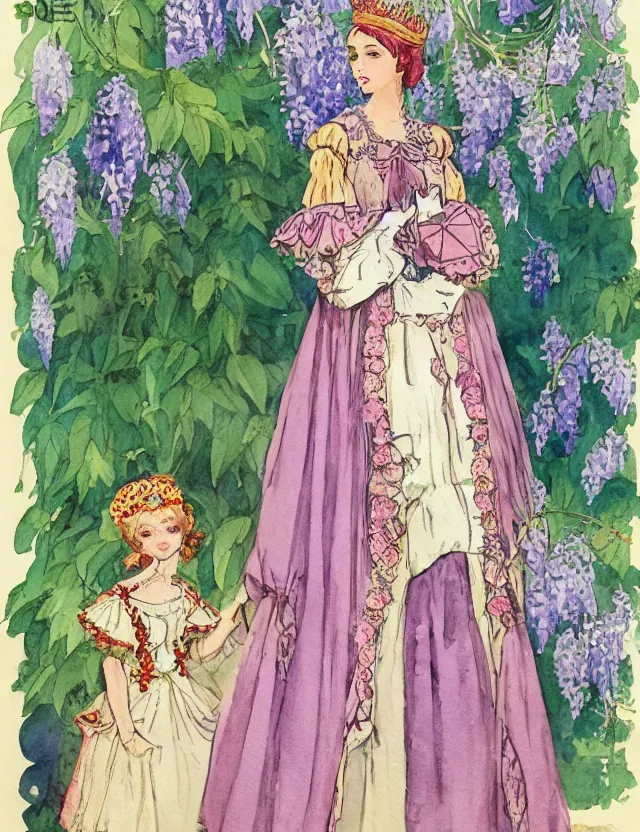 Prompt: middle eastern queen of the wisteria springs, wearing a lolita dress. this heavily stylized watercolor painting by the beloved children's book illustrator has an interesting color scheme, plenty of details and impeccable lighting.