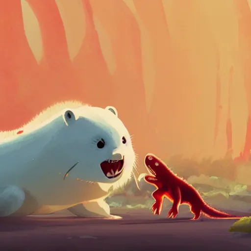 Image similar to baby harp seals being eaten by a tyrannosaurus in a tropical alien world, atey ghailan, goro fujita, studio ghibli, scary lighting, clear focus, very coherent