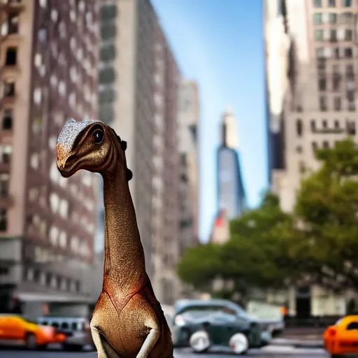 Prompt: realistic photograph of a parasaurolophus in the middle of a busy street new york, depth of field, macro photography