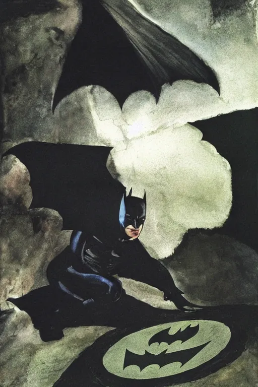 Image similar to Andrew Wyeth artwork, Batman in the batcave