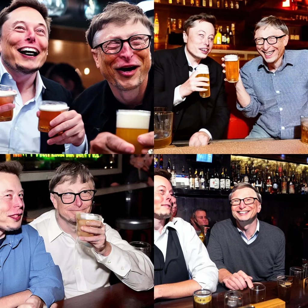 Prompt: elon musk and bill gates driking beer at a bar.