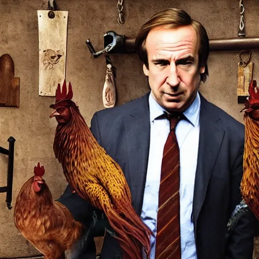 Prompt: saul goodman and a rooster in a medieval torture chamber, saw blades and knives in the background, horror movie, saul goodman!!!!!, rooster!!!!, real life photo, detailed face