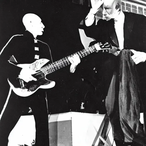 Prompt: count orlok playing guitar on stage next to robert fripp