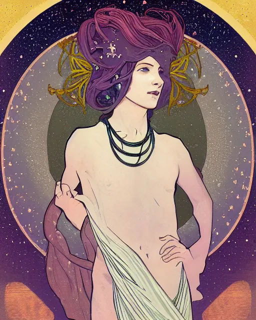 Prompt: a portrait of a galaxy as an androgynous druid spirit wearing a necklace of moons and stars, draped in transparent cloth, flat colors, occult, minimal, swirly, bust by alphonse mucha, decorative art deco border, astrophotography, vast cosmos, digital illustration, trending on artstation