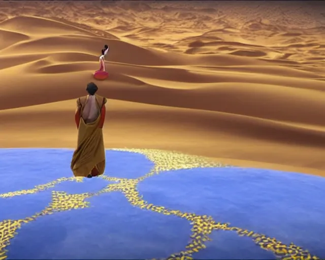 Image similar to a brown man aladdin floating on a magical carpet ride over the arabic desert. realistic 16k footage.