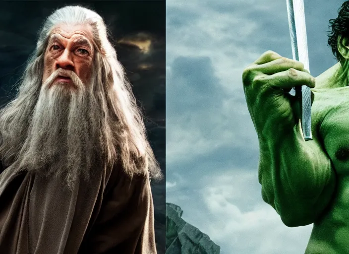Image similar to film still of gandalf starring as the hulk, film still in the new batman movie, 4 k